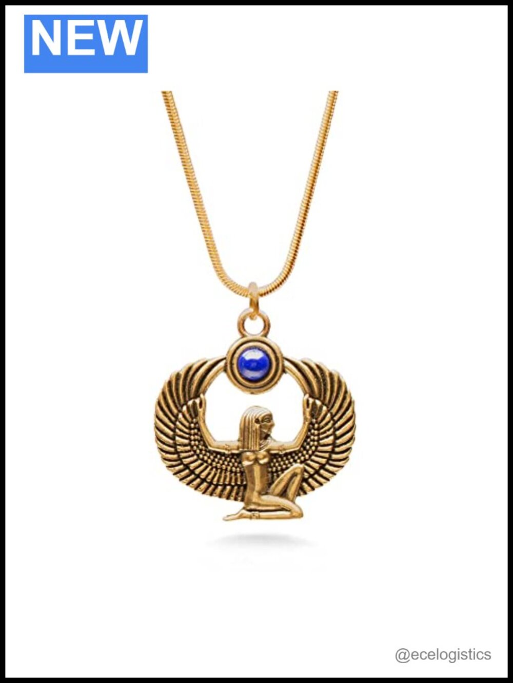 Isis Winged Pendant Necklace Lapis Cabochon Gold Plated Snake Chain